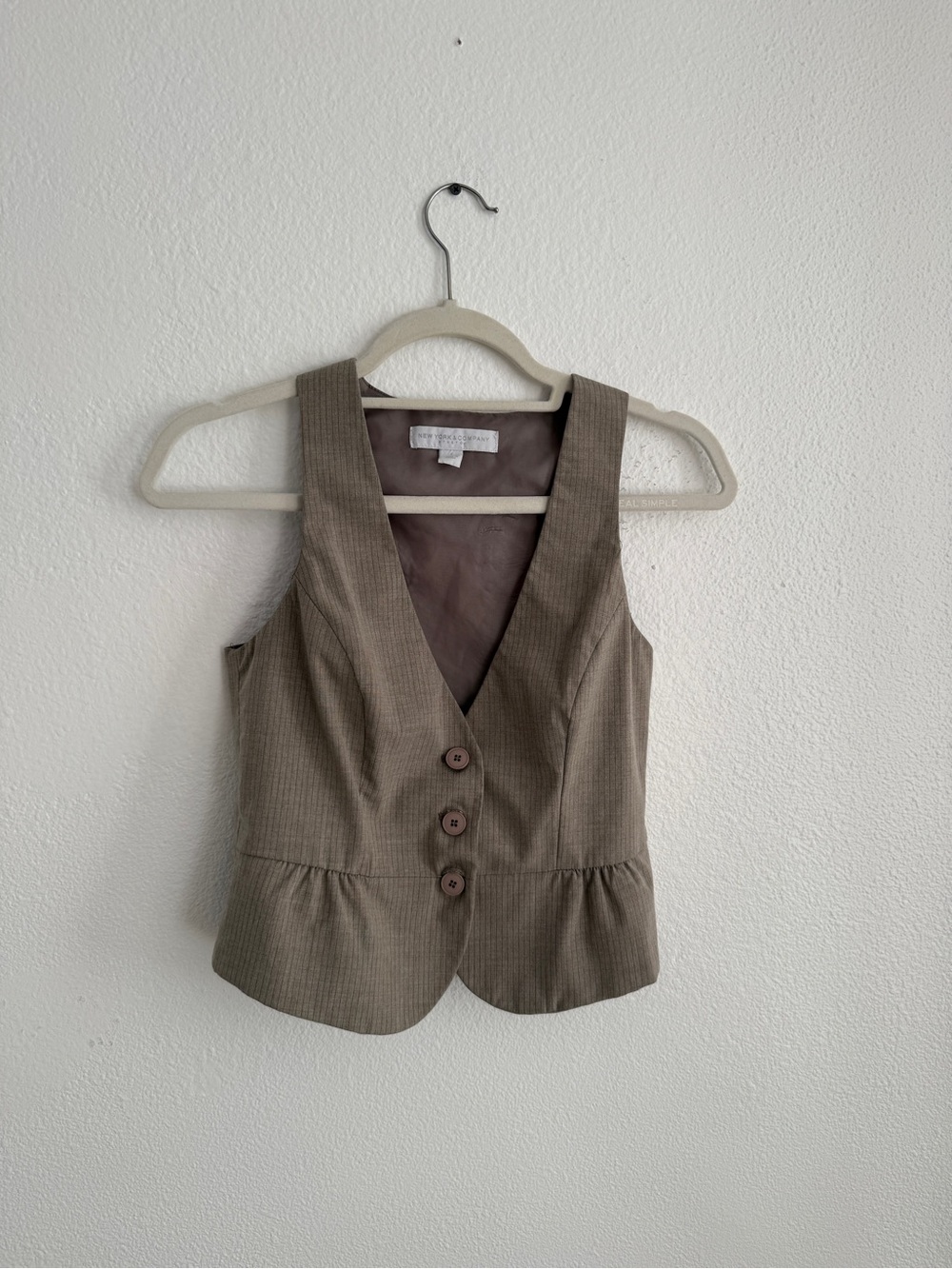 New York & Company Taupe Pinstripe Sleeveless Vest